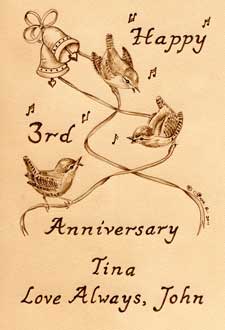 Personalised Wren Design 3rd Anniversary Leather Artwork